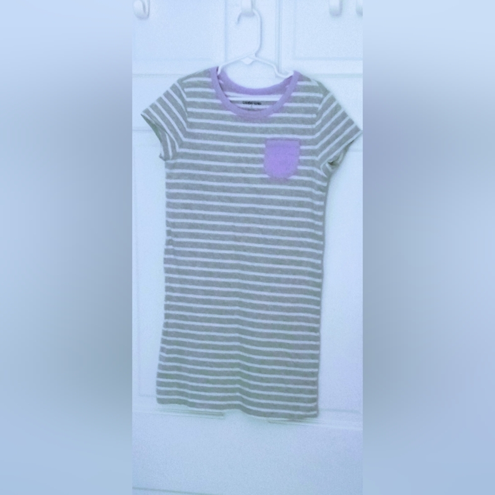 Lands’ End T-Shirt Dress Heather Gray Stripes Short Sleeves Little Girls